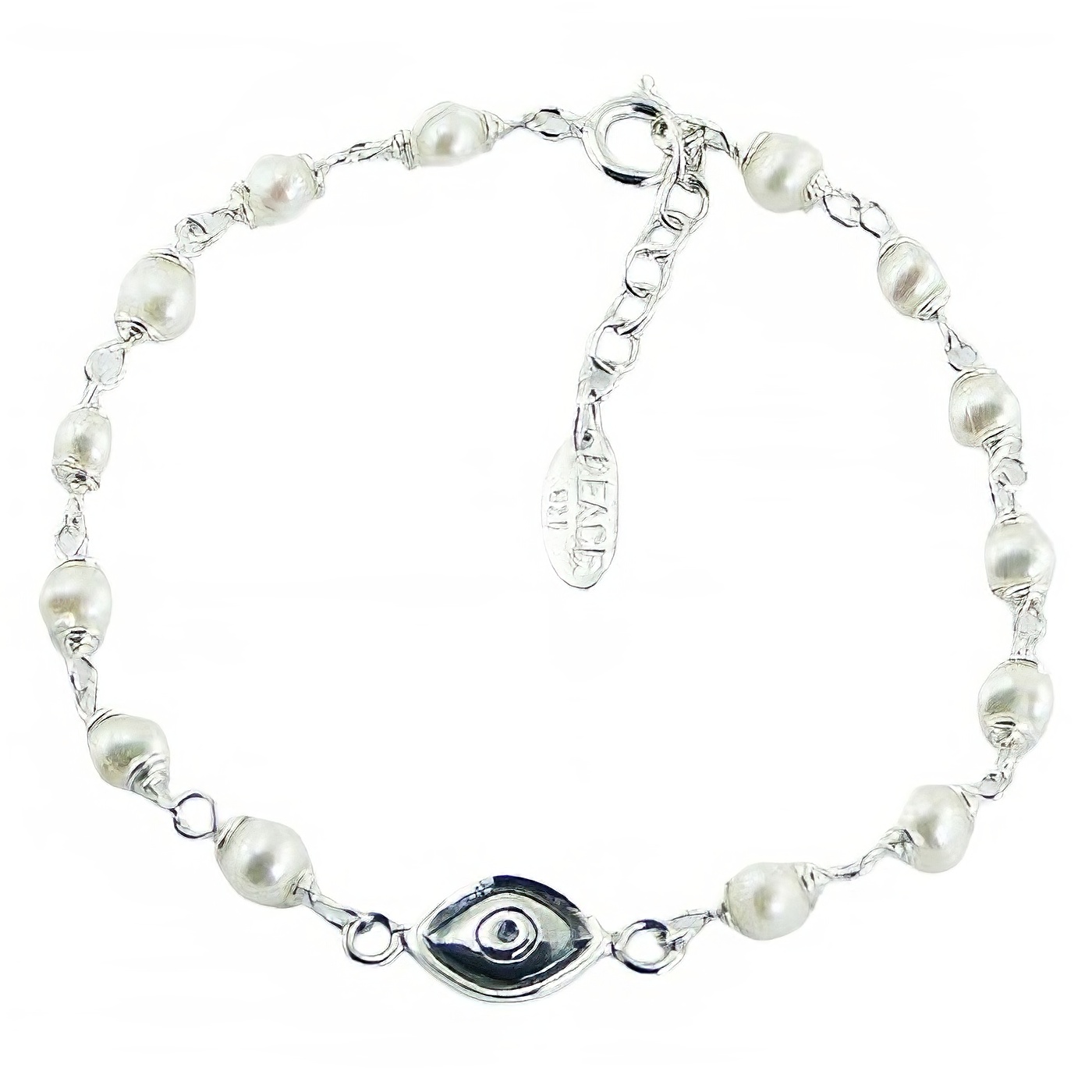 Silver Evil Eye Bracelet with Freshwater Pearls 
