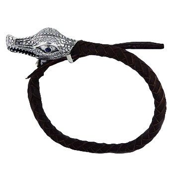 Ornate 925 Silver Crocodile Clasp Brown Braided Leather Bracelet 