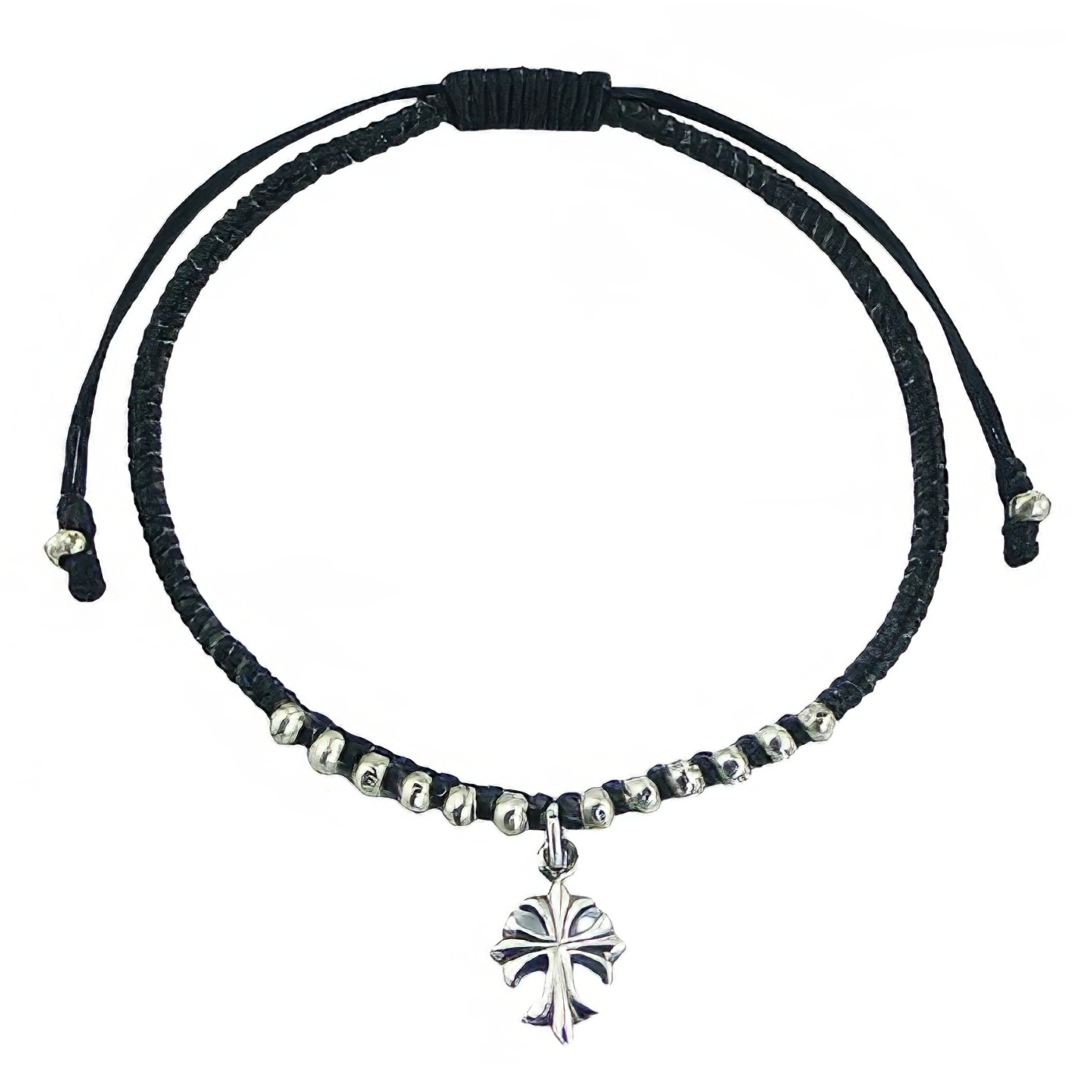 Antiqued Silver Cross & Beads Charm Macrame Bracelet 