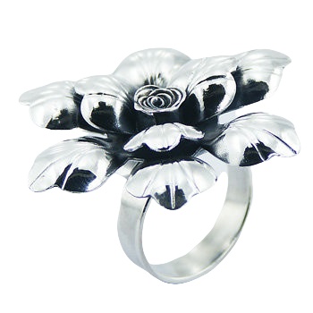 Luxury large rose flower silver ring 