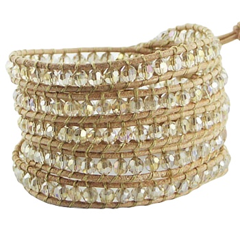 Five rows wrap bracelet with silky glass on beige leather 