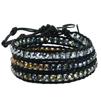 Triple row wrap bracelet glass beads on brown leather 