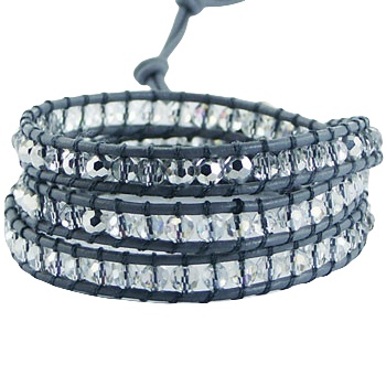 Wrap bracelet gray leather and clear glass beads 