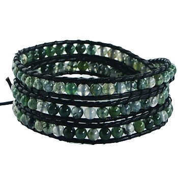 Triple row wrap bracelet grass agate on dark green leather 