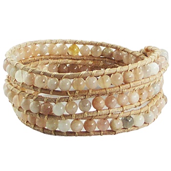 Triple row wrap bracelet with sunstone beads on beige leather 